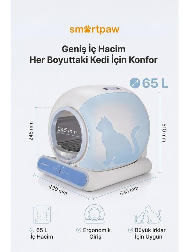 Büyük, beyaz ve mavi renkli otomatik kedi tuvaletinin teknik çizimi ve ölçüleri.