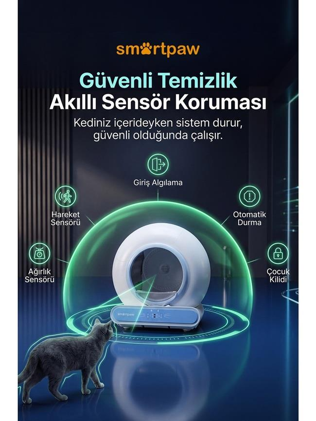 Sensör korumalı akıllı kedi tuvaleti ve önünde bir kedi, güvenlik simgeleriyle gösterilmiştir.