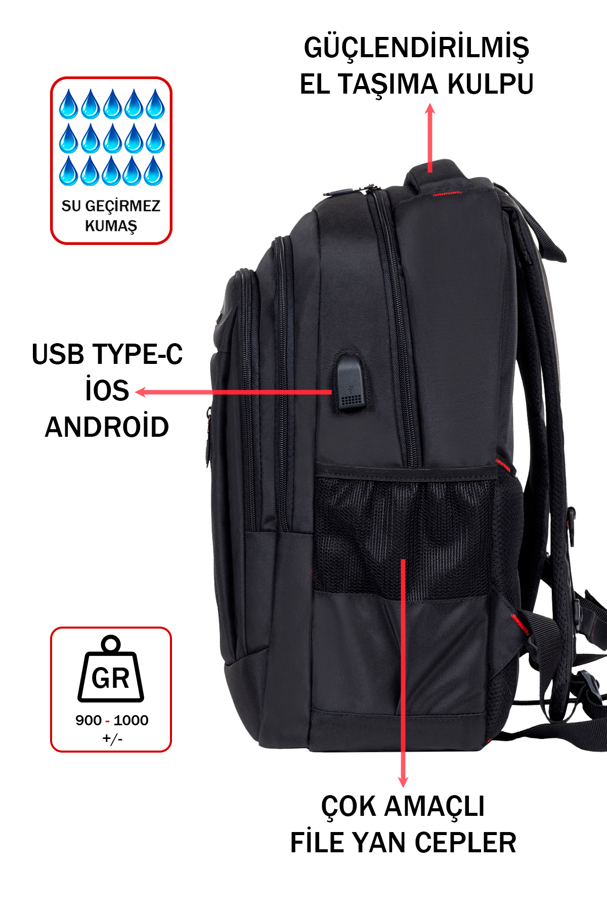 Su geçirmez kumaşlı, USB portlu, file yan cep özellikli ve güçlendirilmiş saplı siyah sırt çantası.