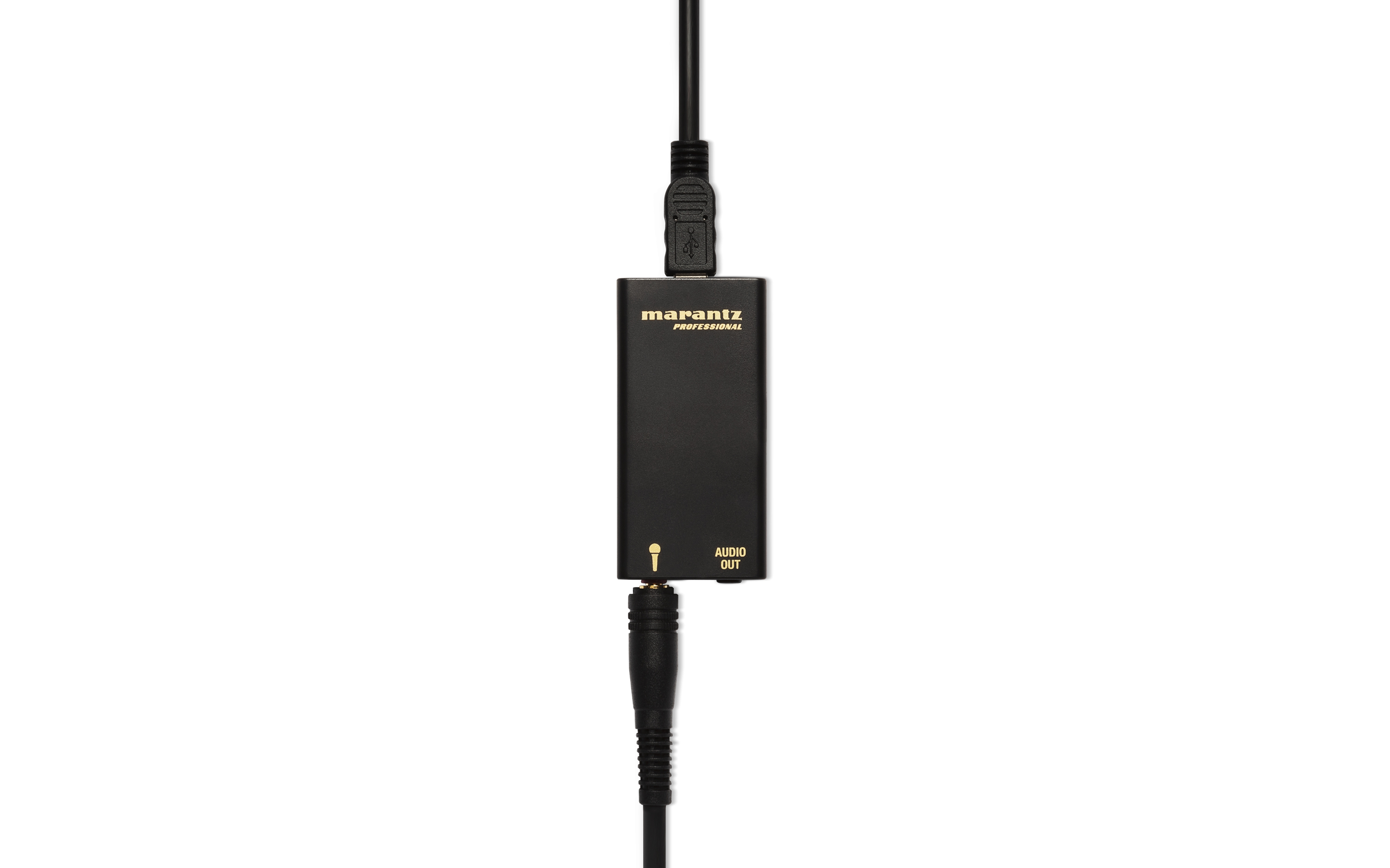 Ein schwarzes Marantz Professional Audiogerät mit einem USB-Kabel oben und einem Audiokabel unten.