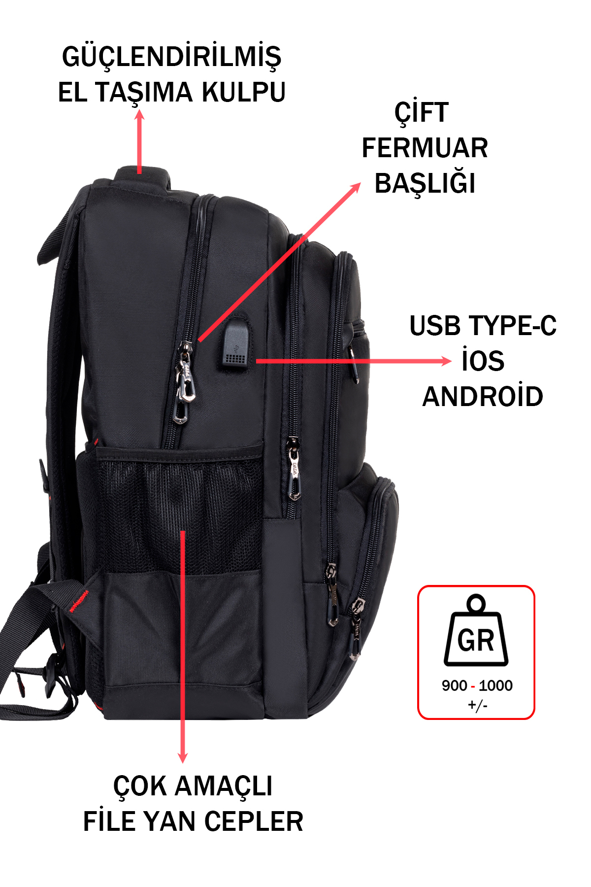 Yandan görünümde file yan cepli, USB portlu ve güçlendirilmiş kulplu siyah sırt çantası, Türkçe etiketli.