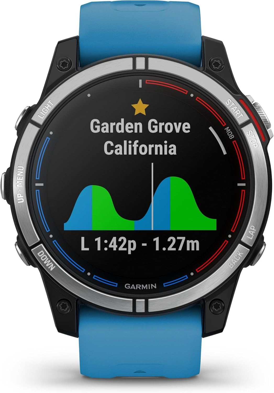 Smartwatch Garmin con cinturino blu mostra Garden Grove, California, e un grafico di elevazione.