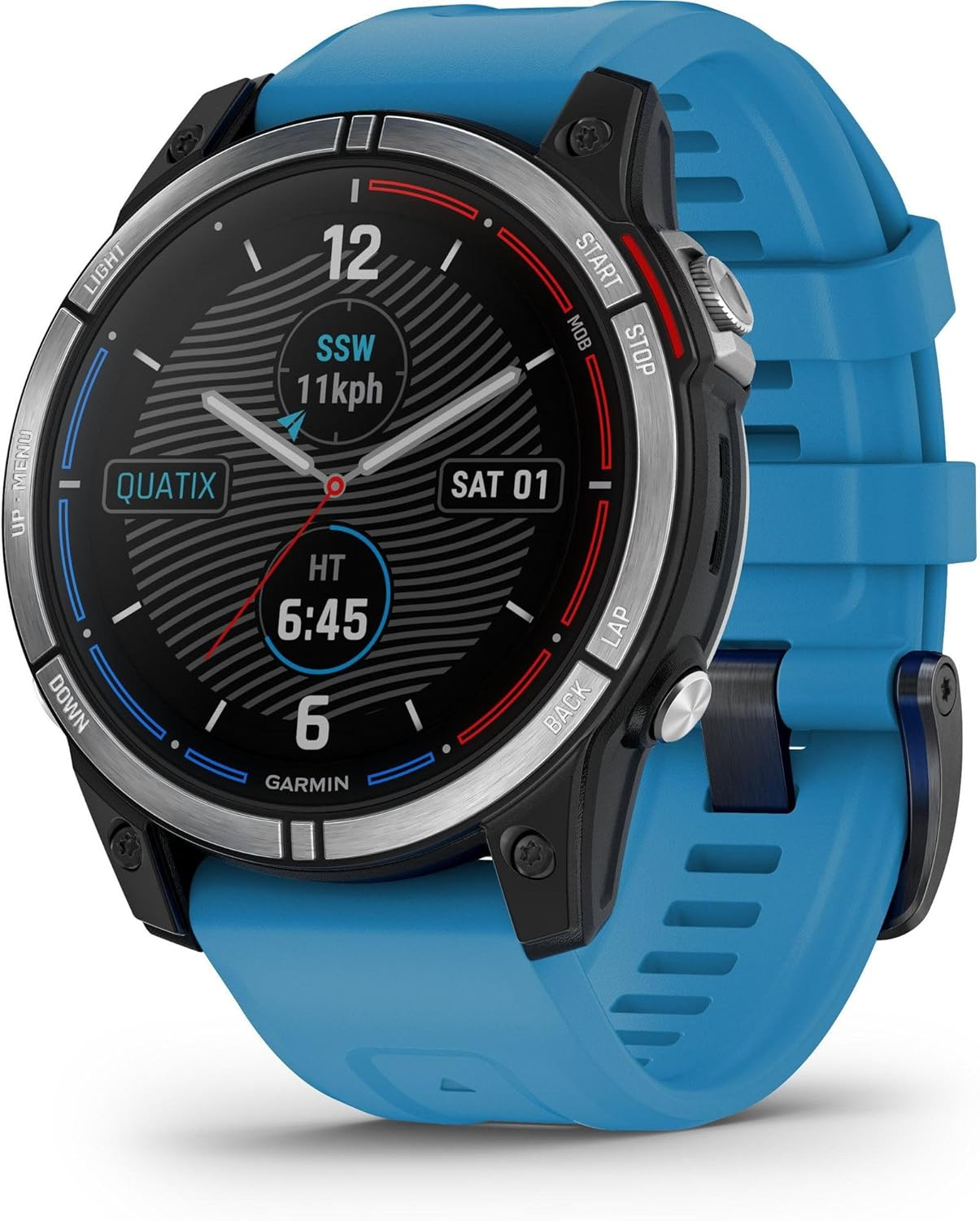 Smartwatch Garmin Quatix blu con ghiera nera e quadrante digitale.