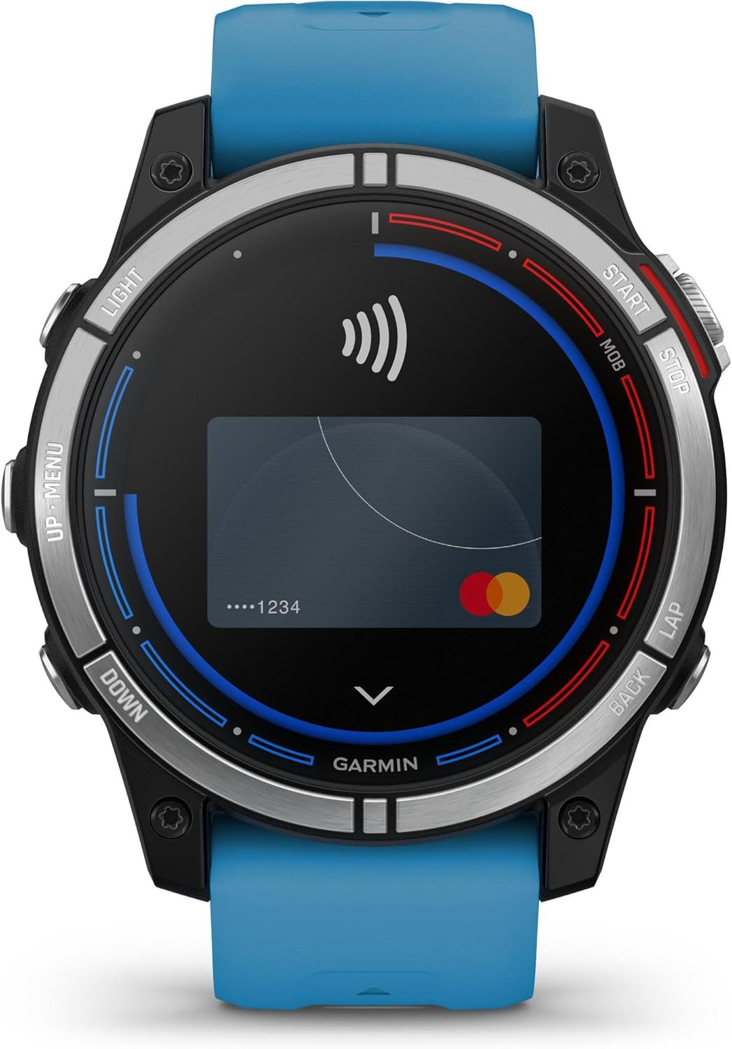 Un orologio sportivo Garmin con cinturino blu mostra la schermata di pagamento contactless con una Mastercard.