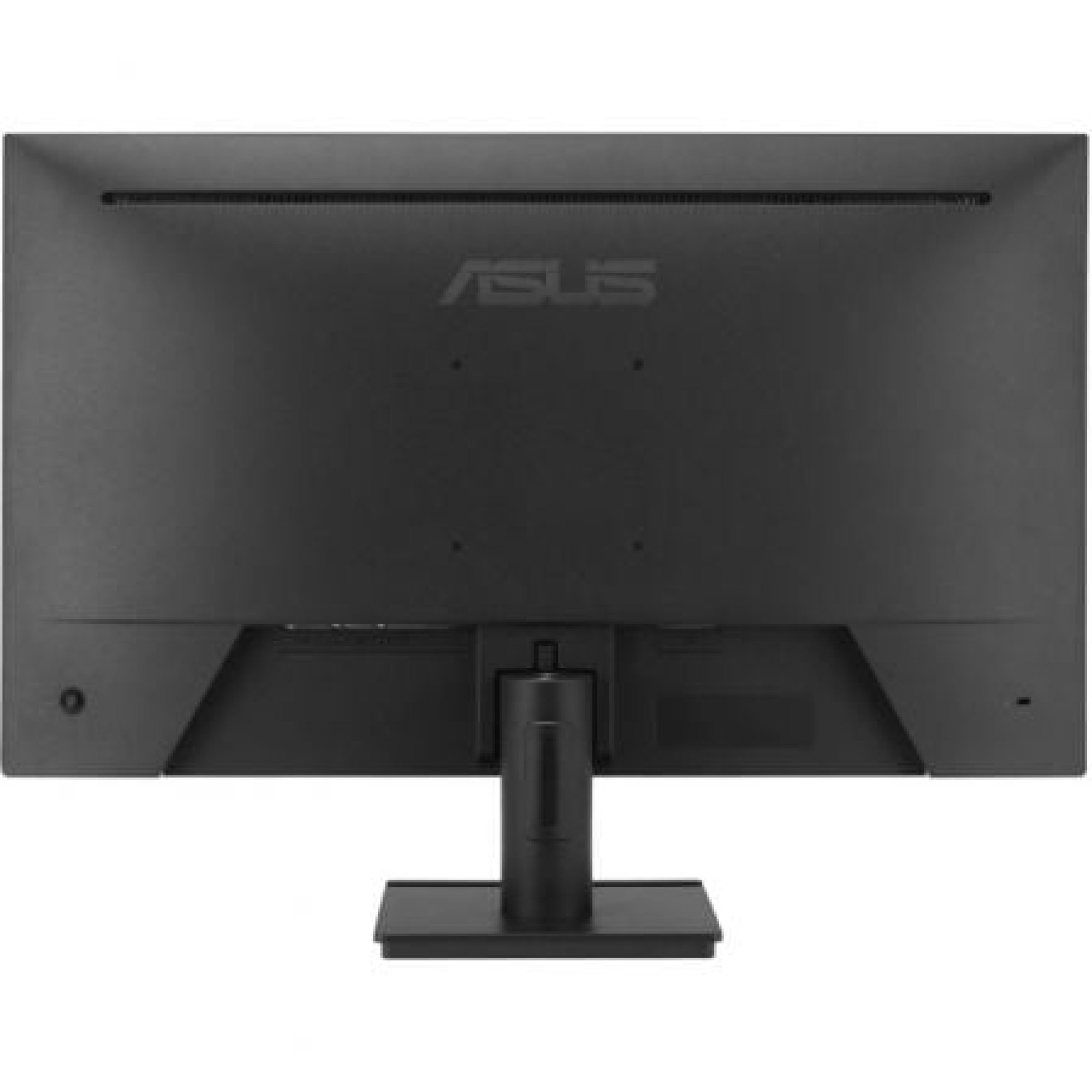 Açık arka plan üzerinde standıyla birlikte siyah bir ASUS monitörün arka görünümü.