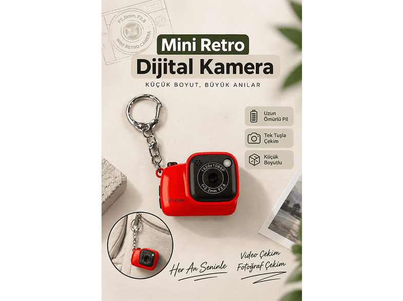 TORIMA Mini Dijital Kamera Selfie Video Mini Anahtarlık 1080P CMR52 Vlog Kamerası Kırmızı