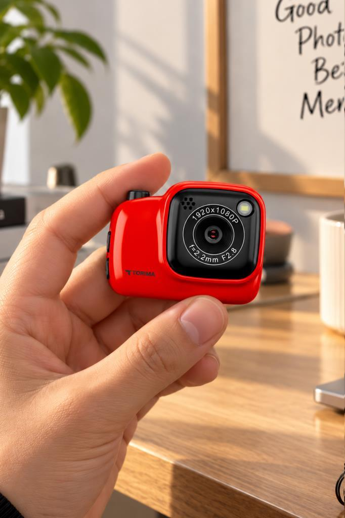 Bir el, bulanık arka plana sahip ahşap bir masada parlak kırmızı bir mini kamera tutuyor.