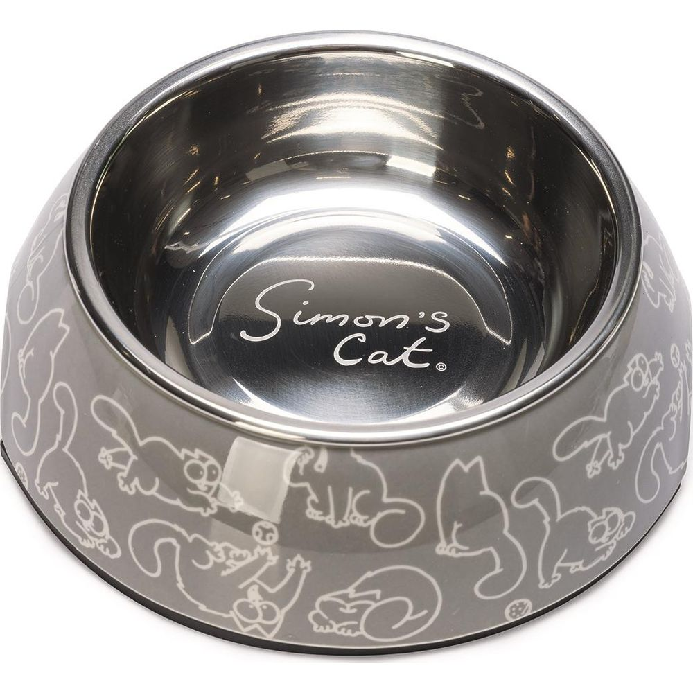 Glänzender Edelstahlnapf in Grau mit weißen Simon's Cat-Motiven.