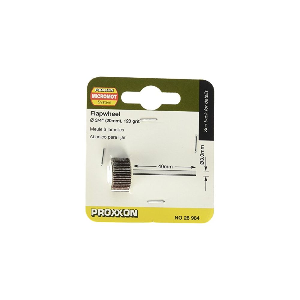 Proxxon Fächerkörner in Verpackung mit Abmessungen und Details.