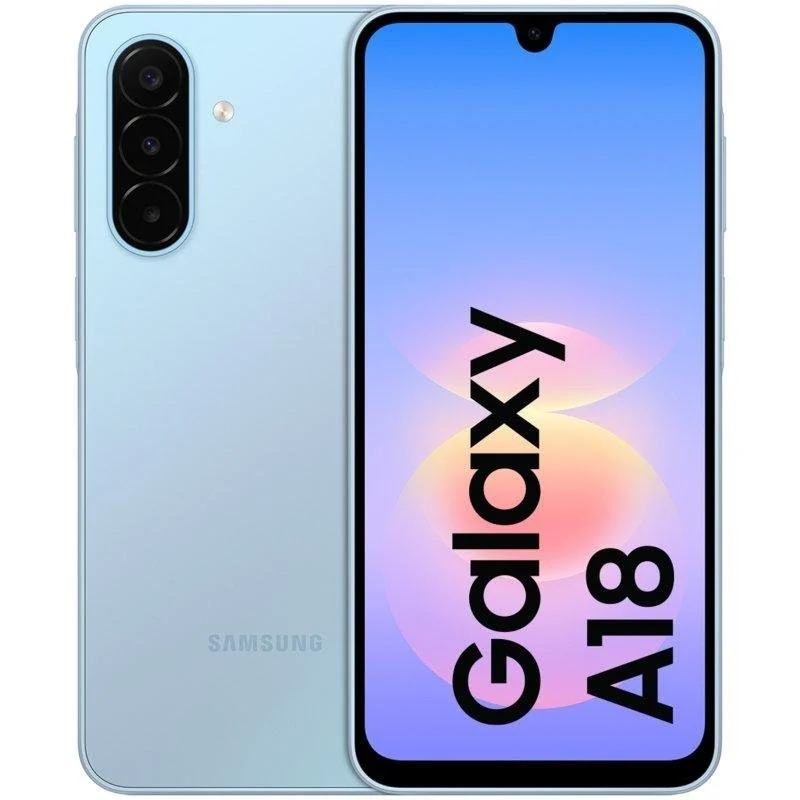 Vista anteriore e posteriore di uno smartphone Samsung Galaxy A18 azzurro con tripla fotocamera verticale.
