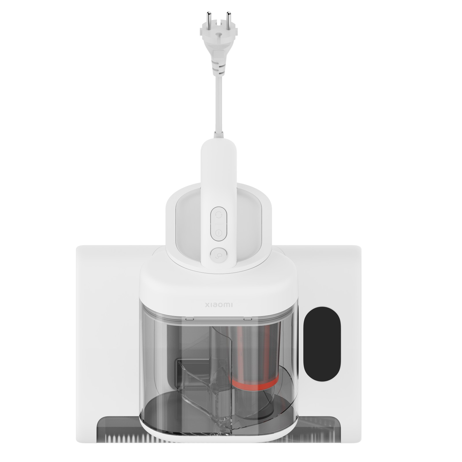 Een witte Xiaomi-stofzuigerdock met een transparant stofreservoir, stroomkabel en stekker tegen een witte achtergrond.