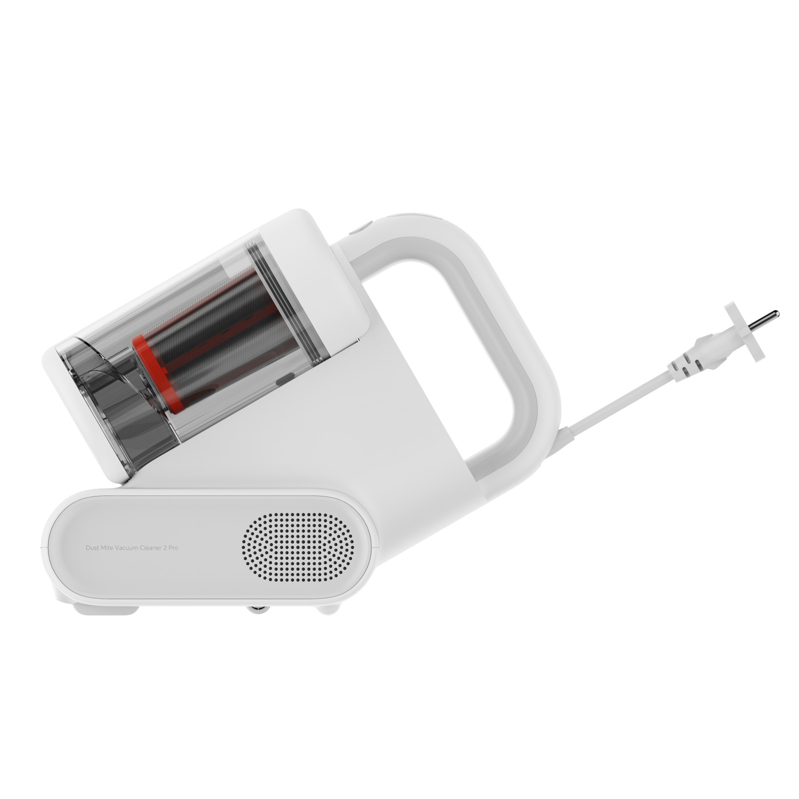 Een witte stofmijtstofzuiger met doorzichtige opvangbak, handvat en aangesloten stroomsnoer.