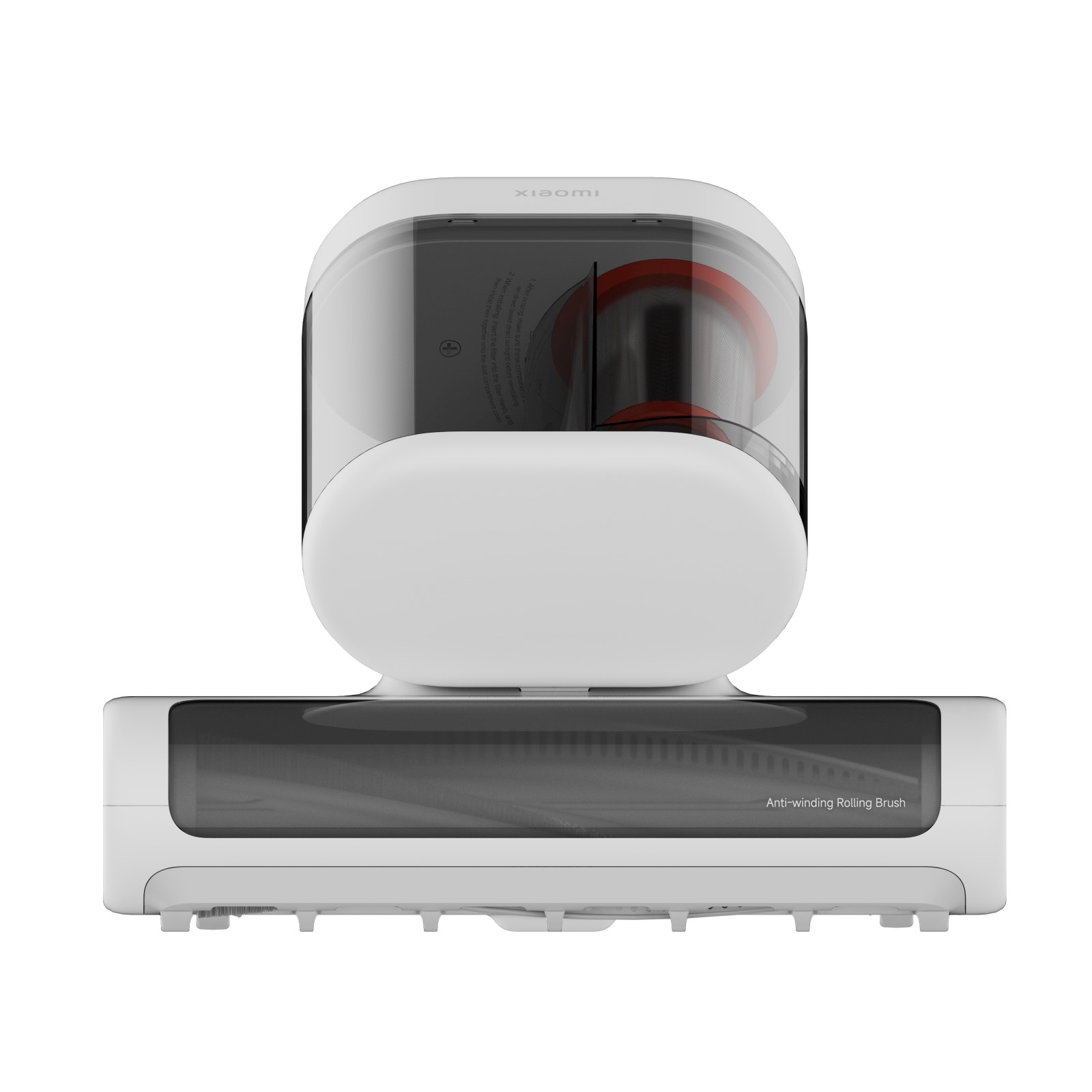 Witte Xiaomi stofzuigeropzetstuk met doorzichtige stofbak en anti-klit rollerborstel op een witte achtergrond.