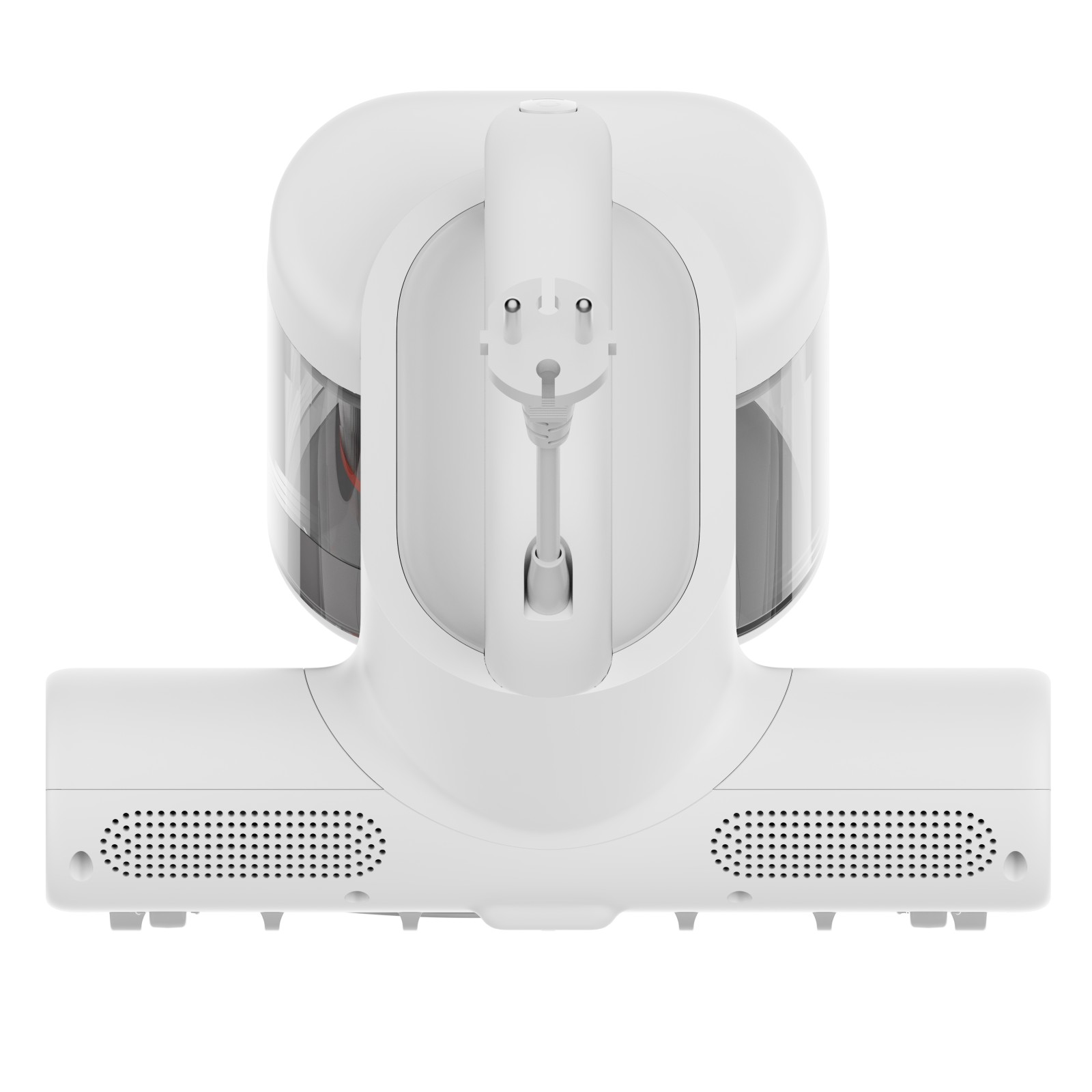 Bovenaanzicht van een witte matrasstofzuiger met opgerolde stroomkabel en stekker, op een witte achtergrond.