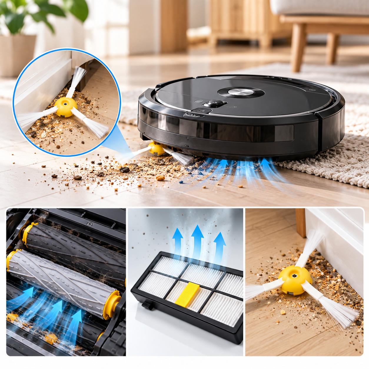 Un robot aspirapolvere nero pulisce tappeti e pavimenti, con dettagli di spazzole e filtro.