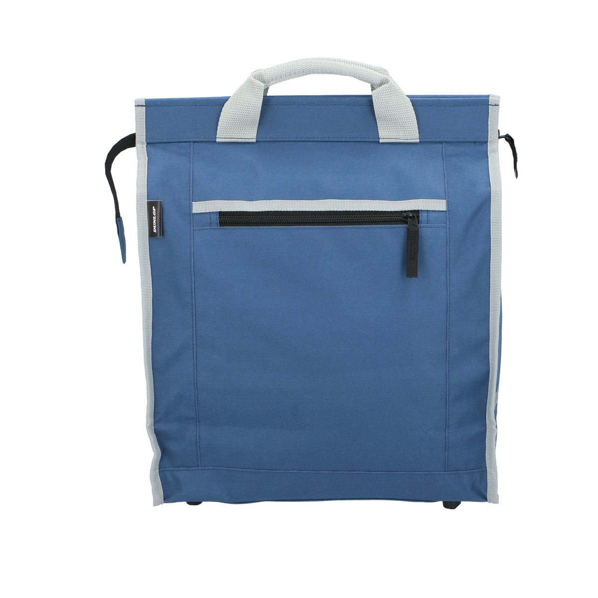 Een blauwe stoffen tas met lichtgrijze handvatten, een voorzak met rits en een witte achtergrond.