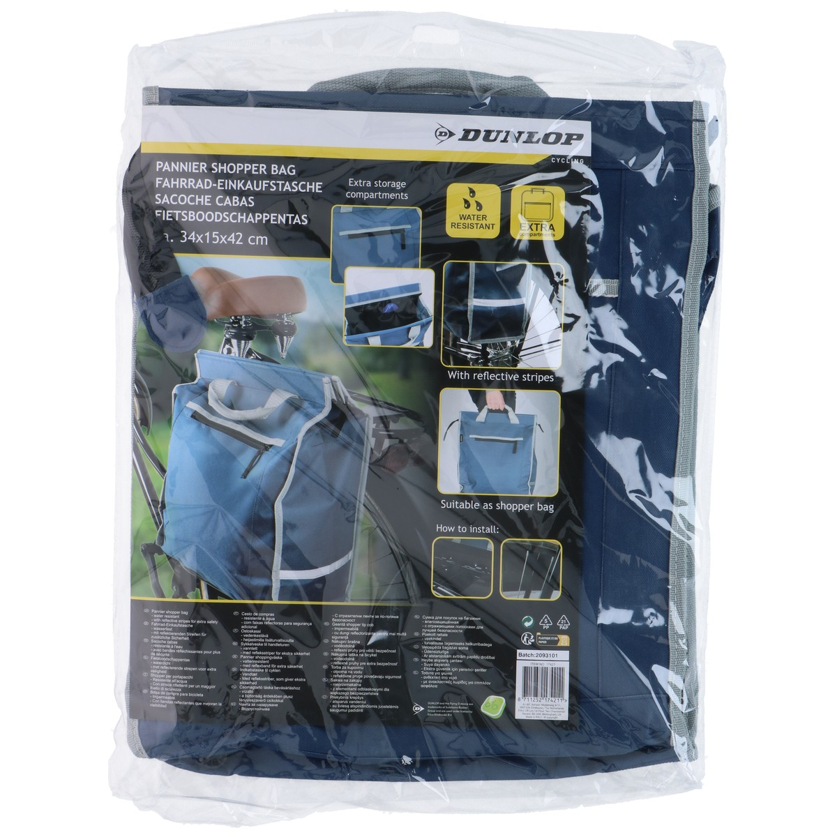 Dunlop fiets shopper tas in plastic verpakking met productfoto's en handleiding.