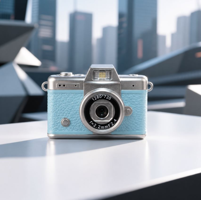 Una cámara digital de estilo retro de color azul claro se encuentra en una superficie blanca con rascacielos borrosos al fondo.