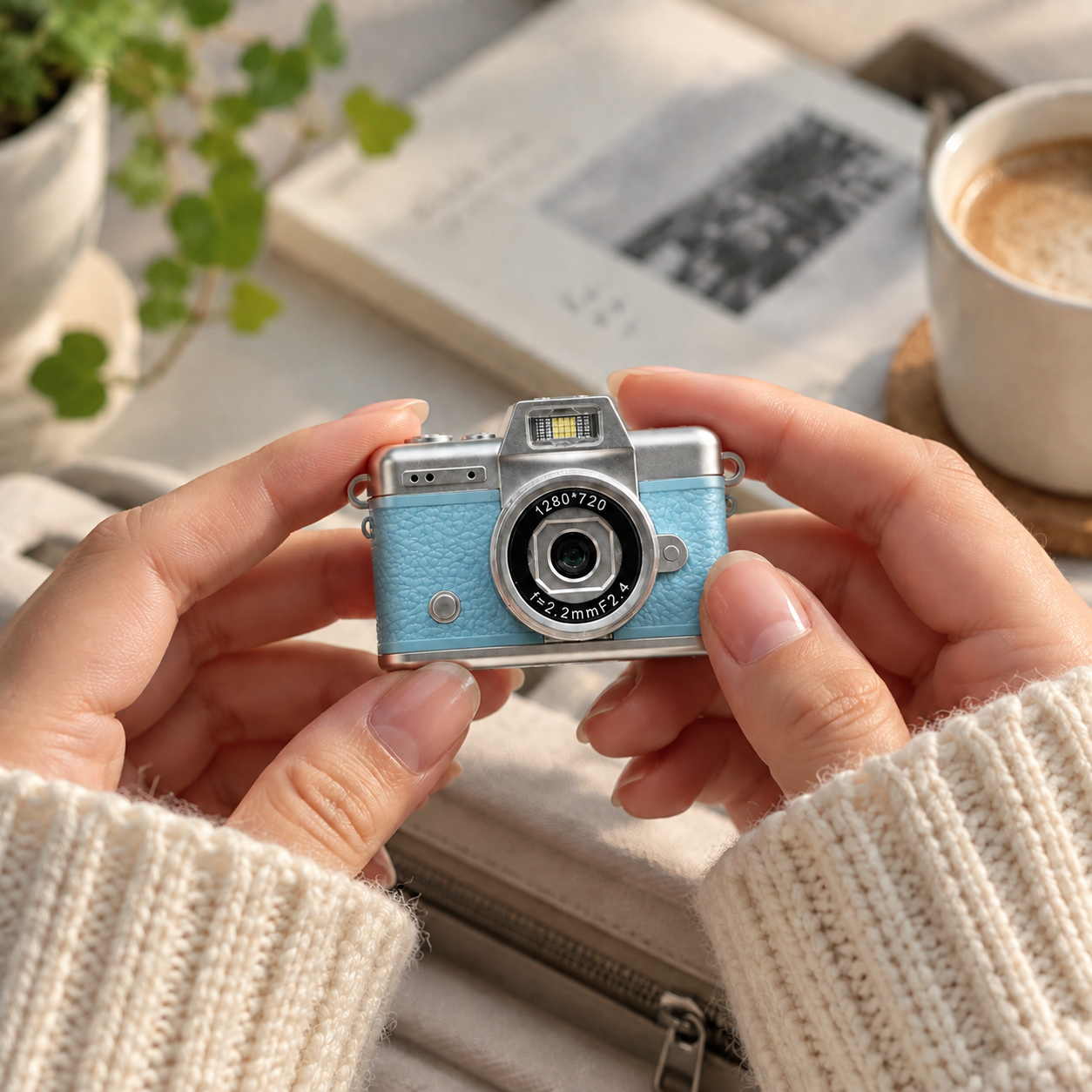 Manos en un suéter blanco sostienen una pequeña cámara de juguete azul y plateada, con un libro y café al fondo.