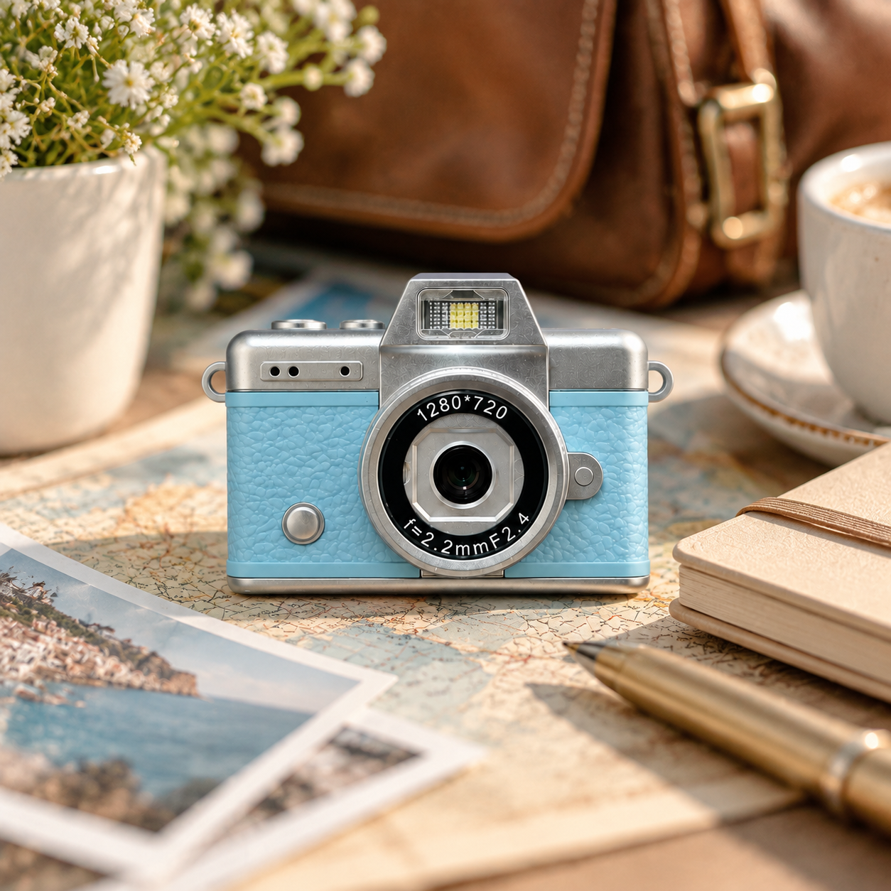 Una cámara retro azul claro y plateada sobre un mapa mundial, rodeada de fotos, una taza de café y flores.