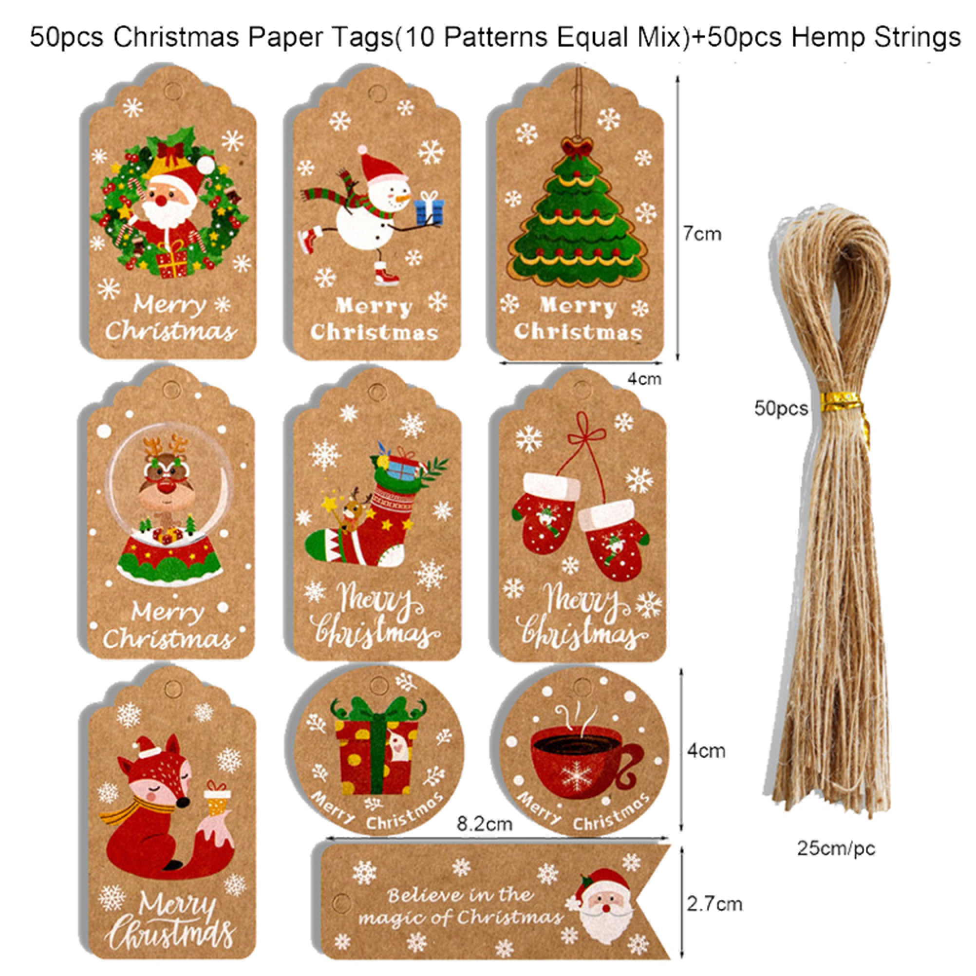 Verschiedene Weihnachtspapieretiketten mit Weihnachtsmotiven und Hanfschnüren.