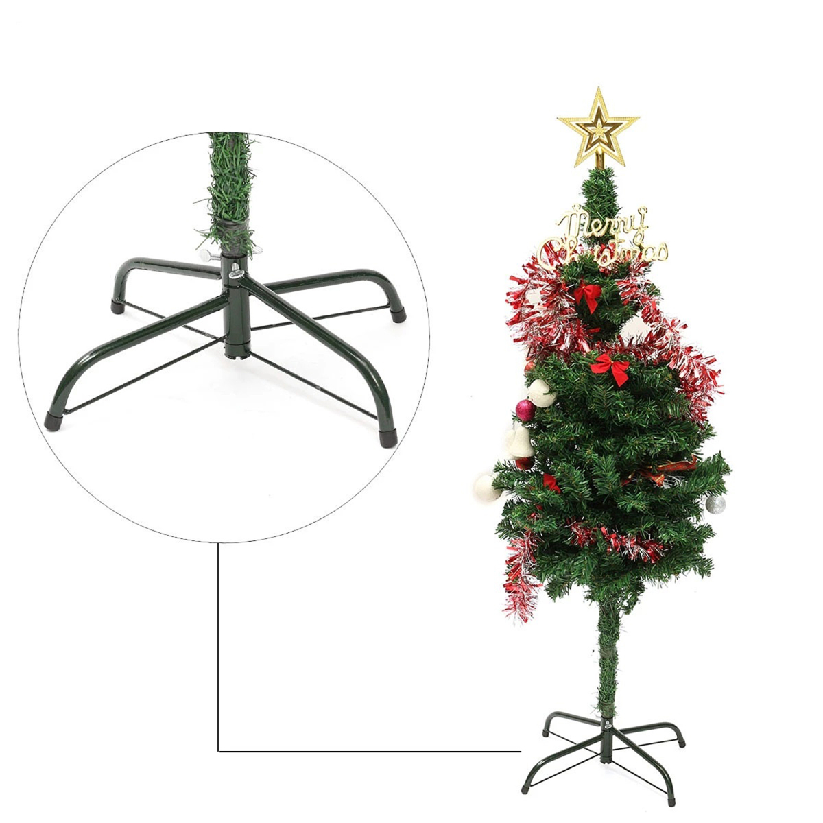 Kleiner Weihnachtsbaum mit roten Girlanden und Stern, mit Vergrößerung des grünen Metallfußes.