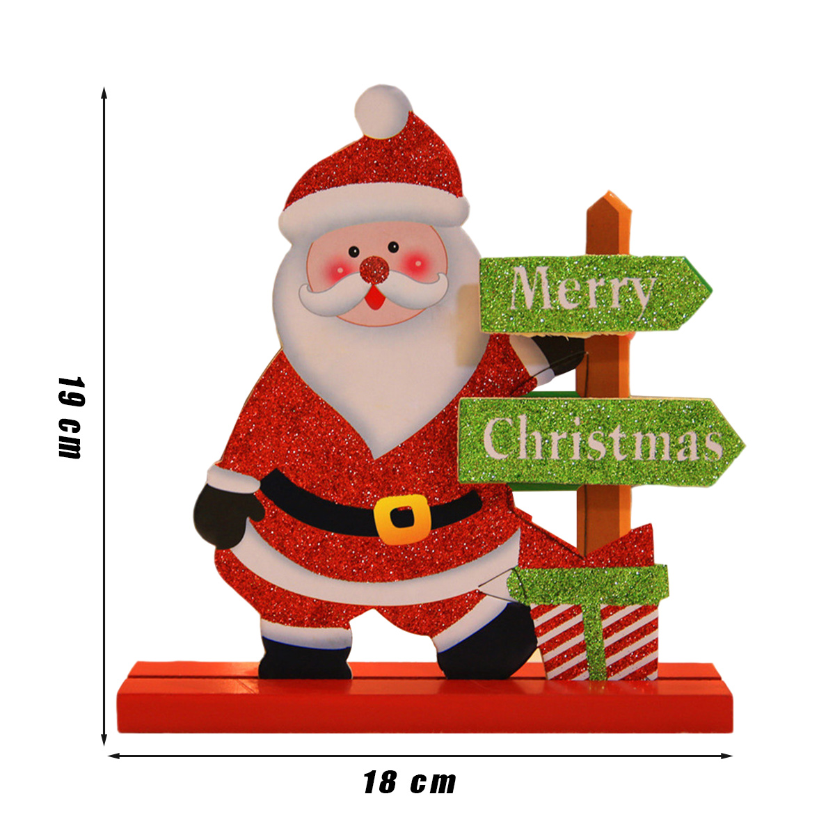 Eine hölzerne Weihnachtsmann-Dekoration mit einem Frohe-Weihnachten-Schild, 19 cm groß und 18 cm breit.