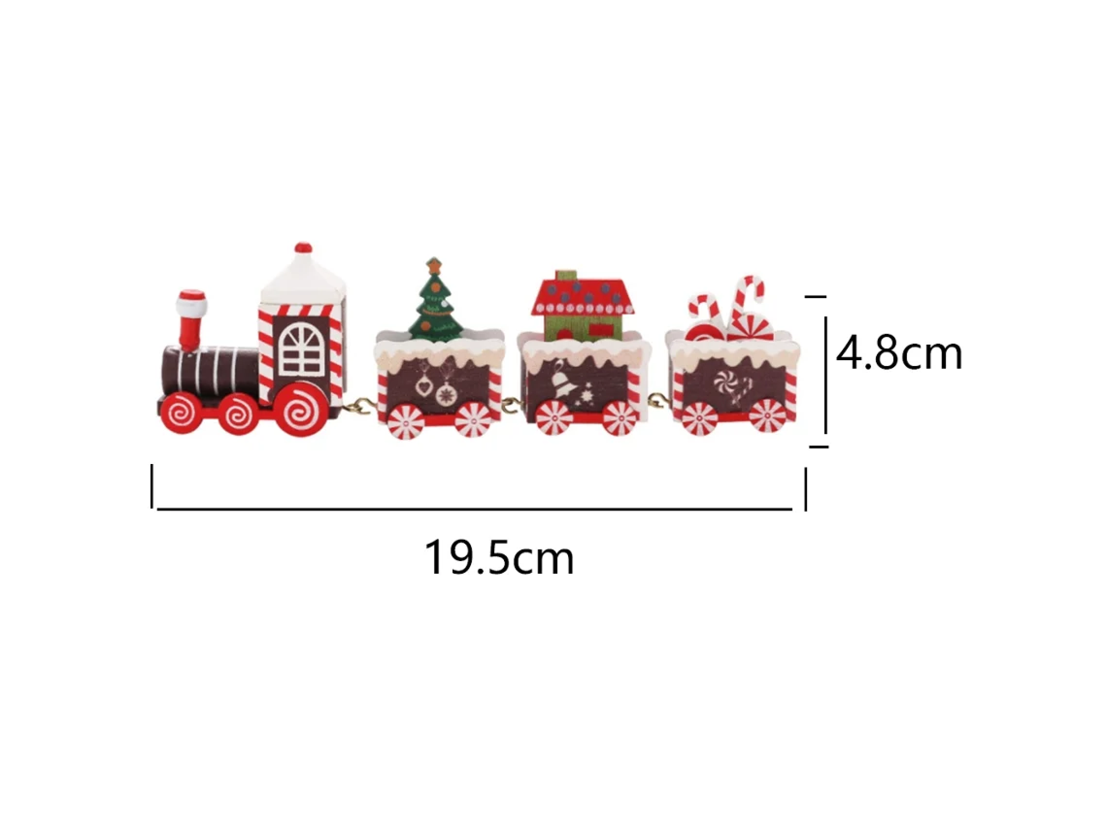 Ein dekoratives hölzernes Weihnachtszug-Spielzeug mit den Maßen 19,5 cm Länge und 4,8 cm Höhe auf weißem Hintergrund.
