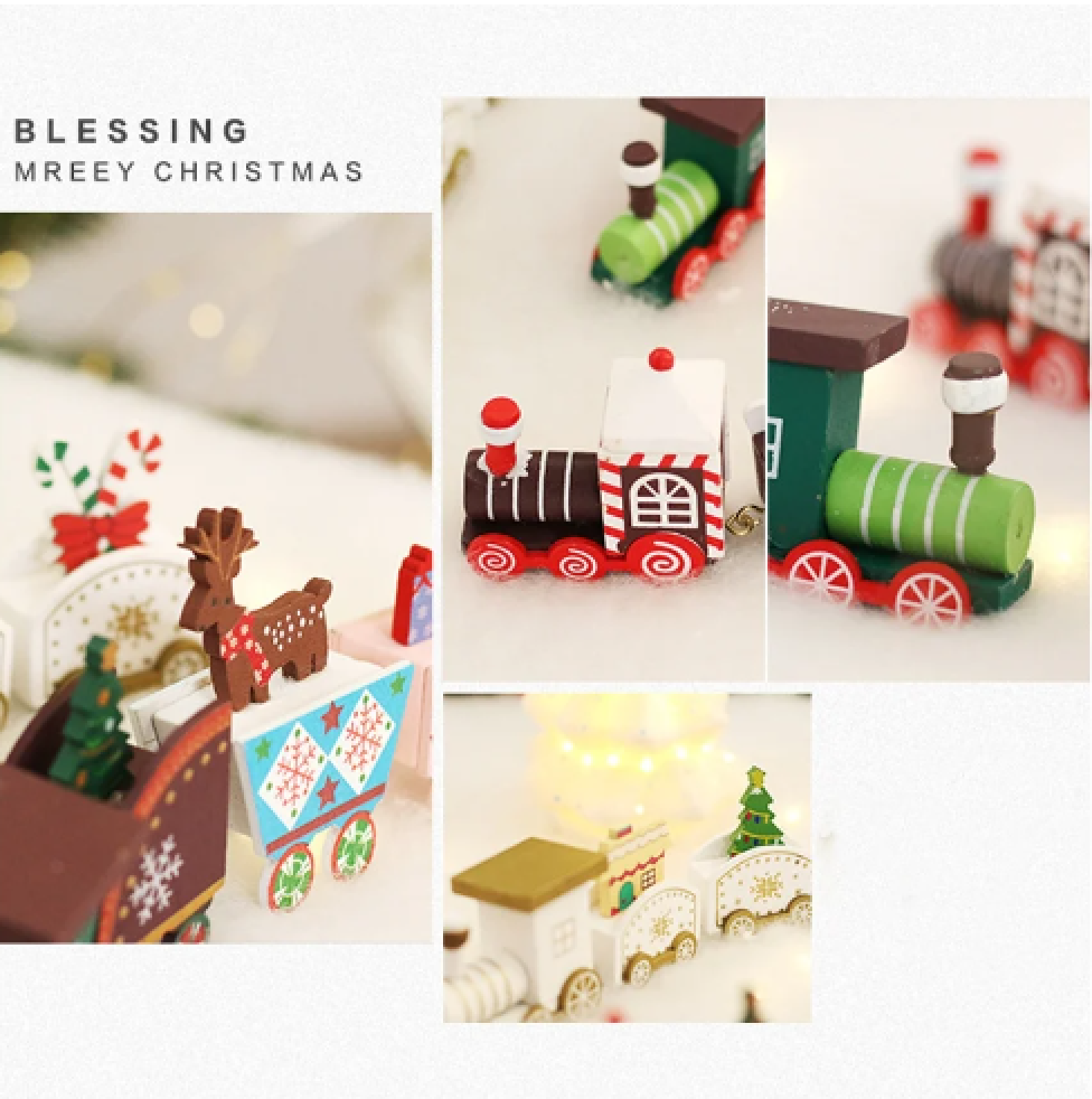 Eine Collage mit verschiedenen kleinen, bunten Holz-Weihnachtszug-Spielzeugen mit Rentier- und Baumdekorationen.