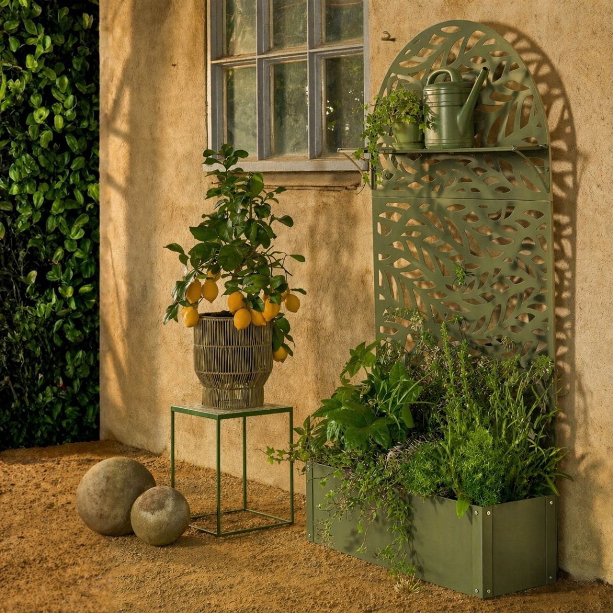 Un citronnier en pot, un treillis vert avec une jardinière et deux sphères en pierre contre un mur.