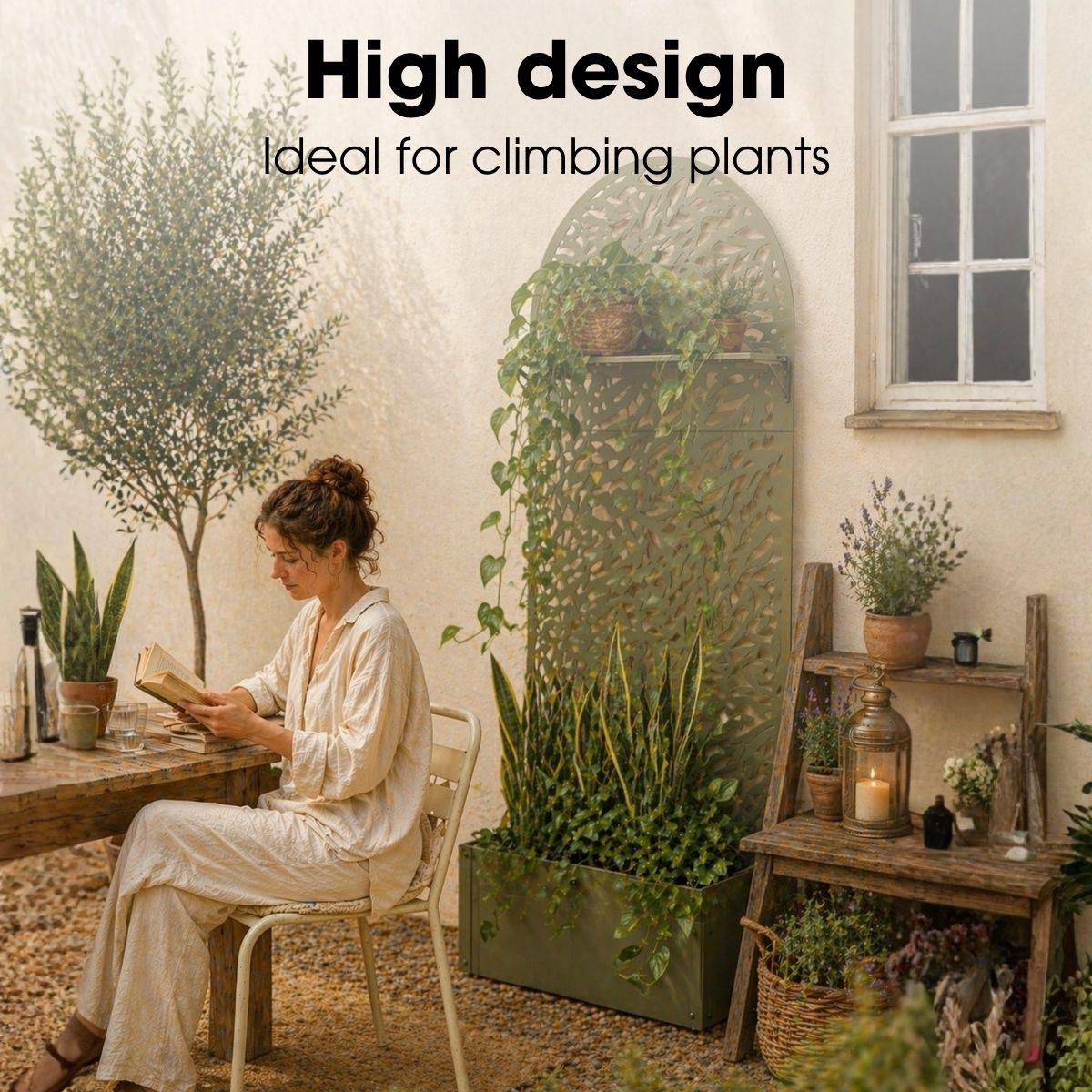 Une femme lit à une table extérieure près d'un treillis vert et de plantes en pot.