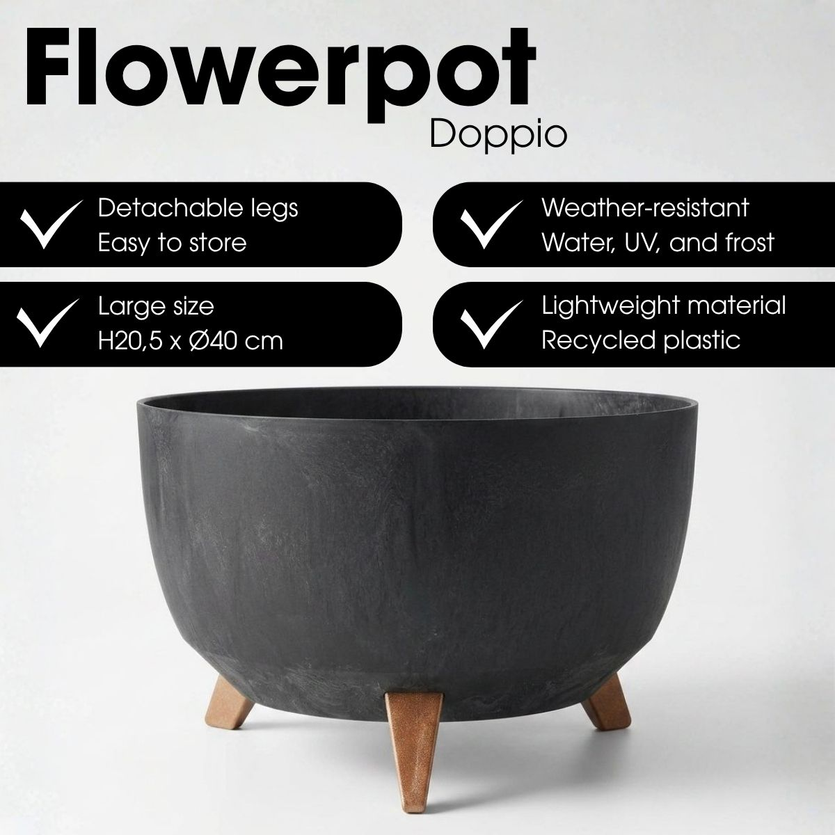 Pot de fleur rond noir Doppio sur quatre petits pieds en bois avec quatre boîtes de fonctionnalités au-dessus.