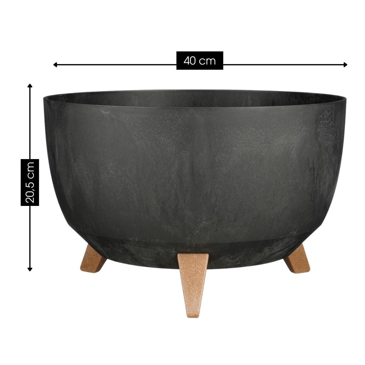 Jardinière ronde noire avec trois pieds marron, 40 cm de large et 20,5 cm de haut.