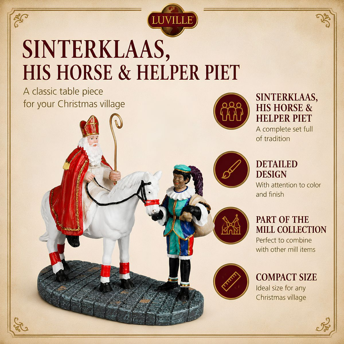 Sinterklaas auf einem weißen Pferd mit Piet auf Pflastersteinbasis, mit Text und Symbolen.