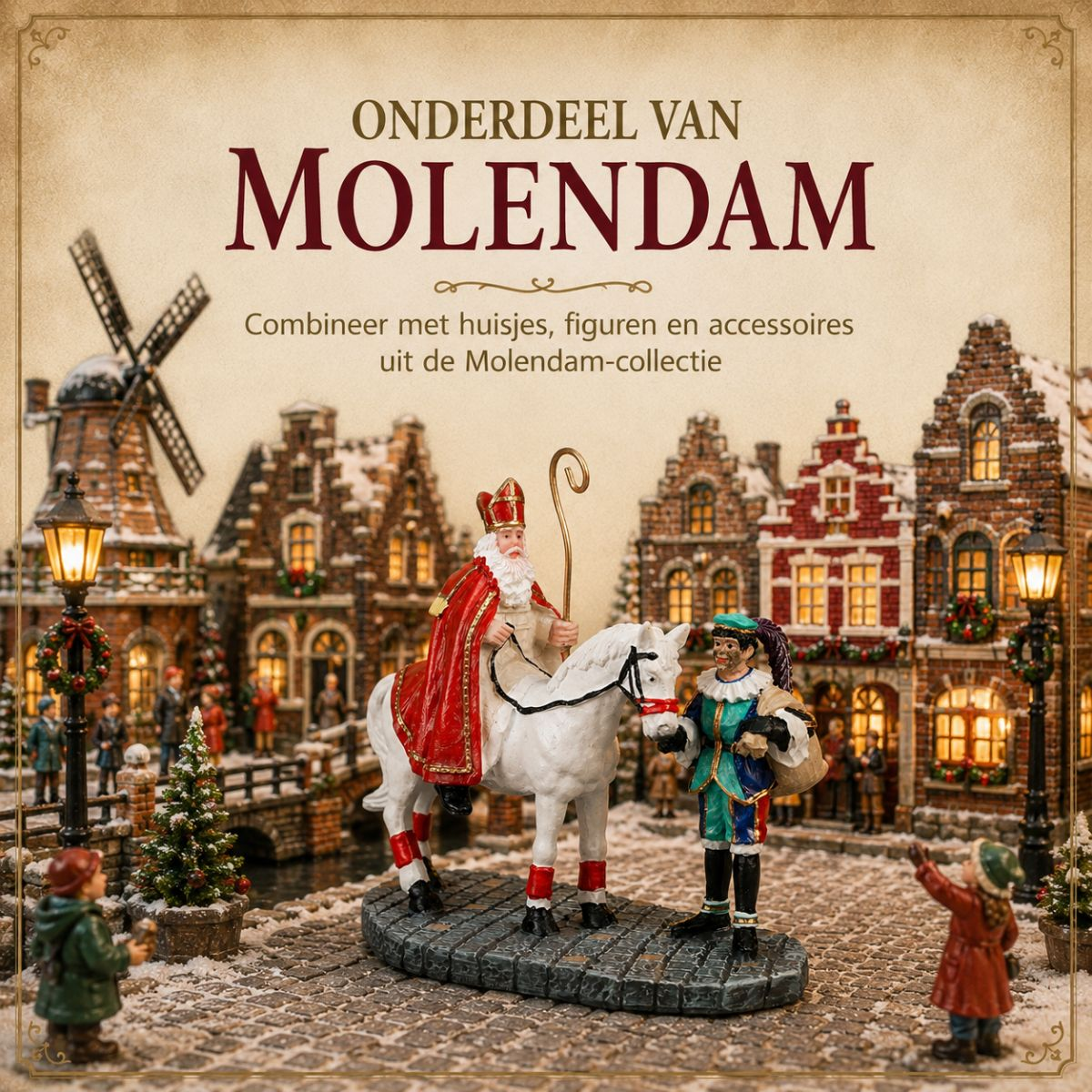 Sinterklaas auf einem Schimmel mit Gehilfen vor einem niederländischen Winterdorf.