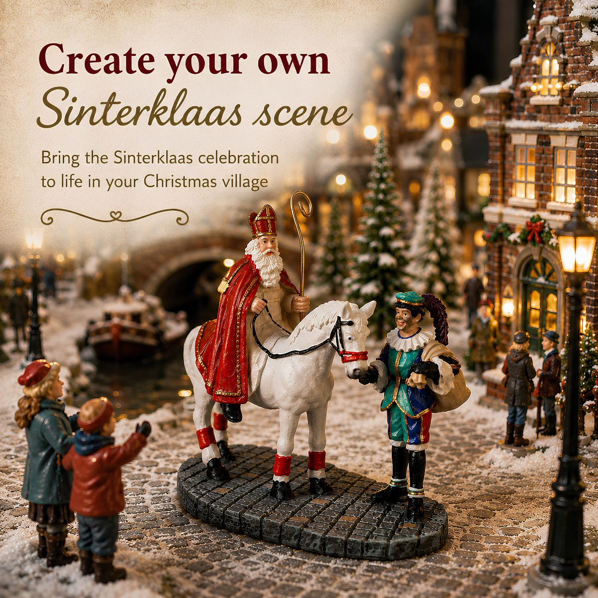 Sinterklaas auf einem weißen Pferd im verschneiten Weihnachtsdorf.