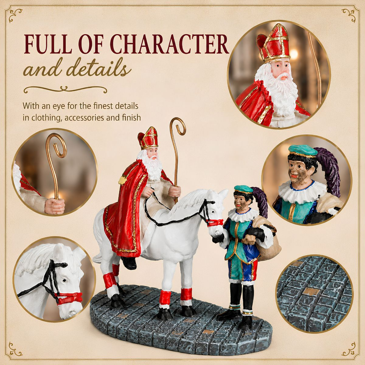 Sinterklaas auf einem Schimmel mit Begleiter, mit Detailansichten von Stab, Gesicht und Kopfsteinpflaster.