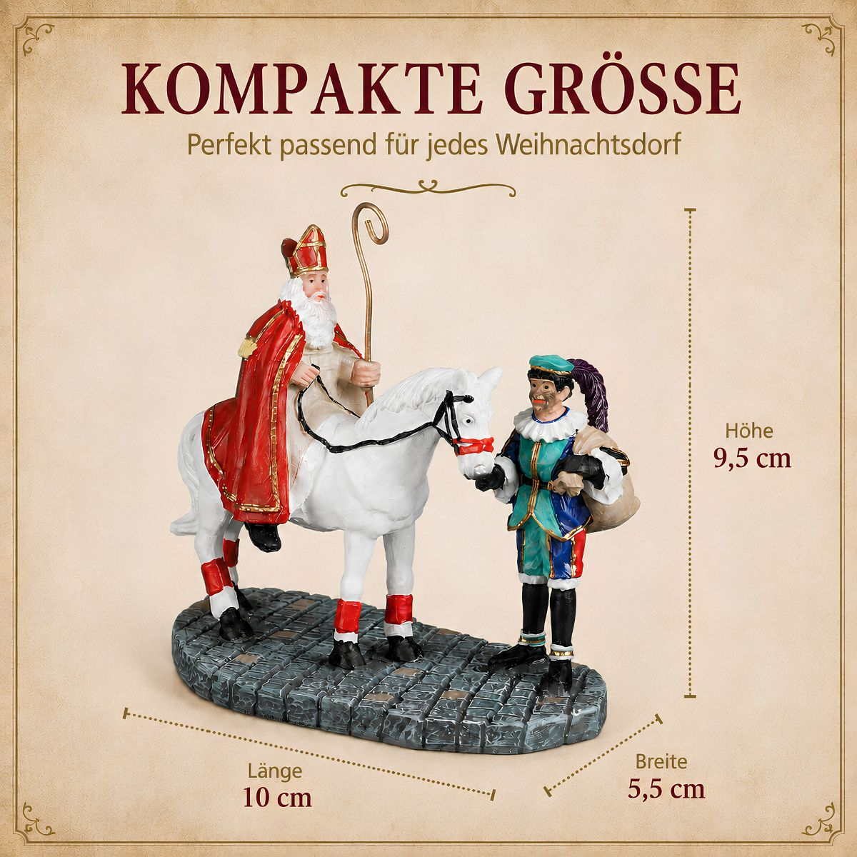 Figur des Heiligen Nikolaus auf einem weißen Pferd mit Begleiter und Maßangaben.