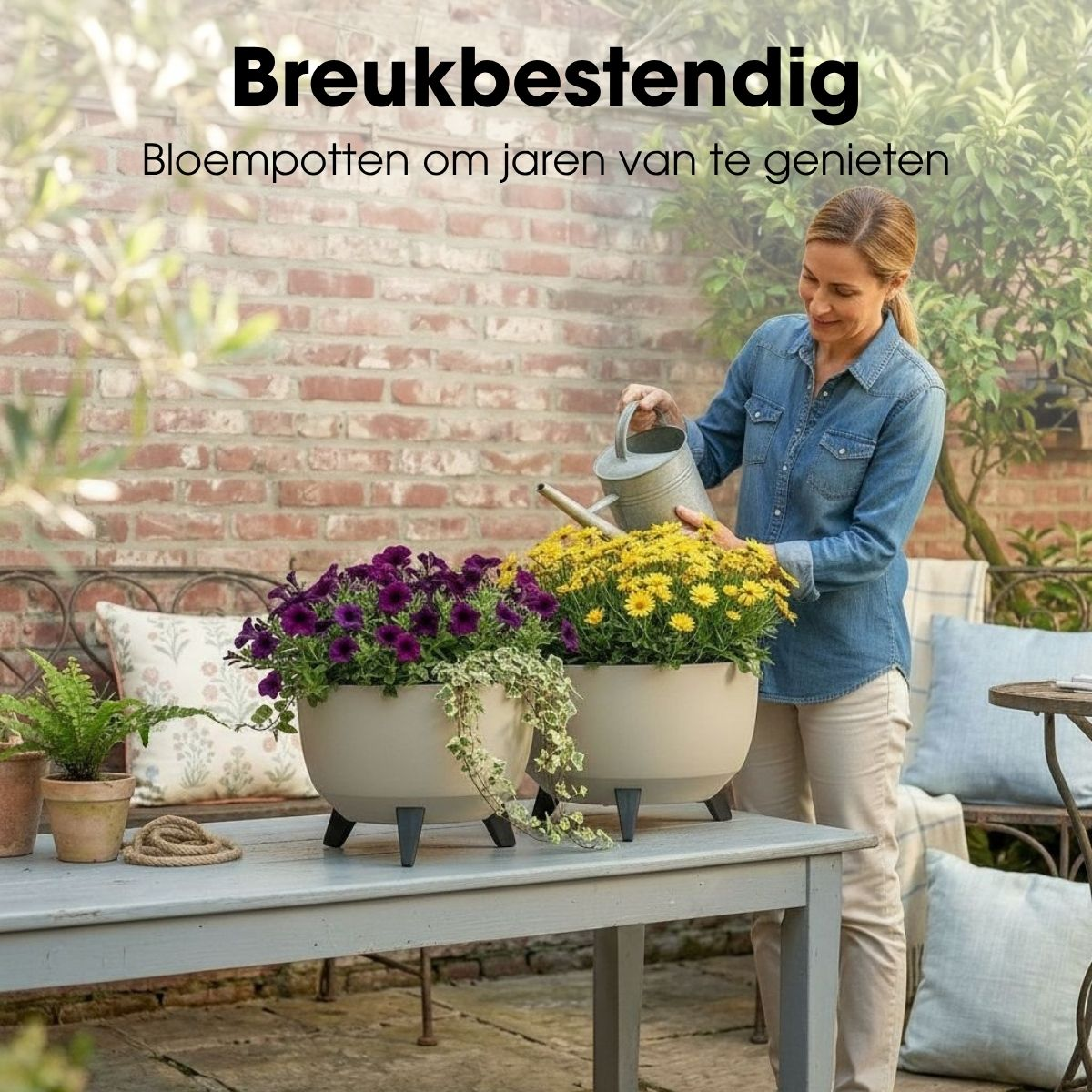 Une femme blonde arrose des fleurs jaunes et violettes dans des pots gris sur une table.