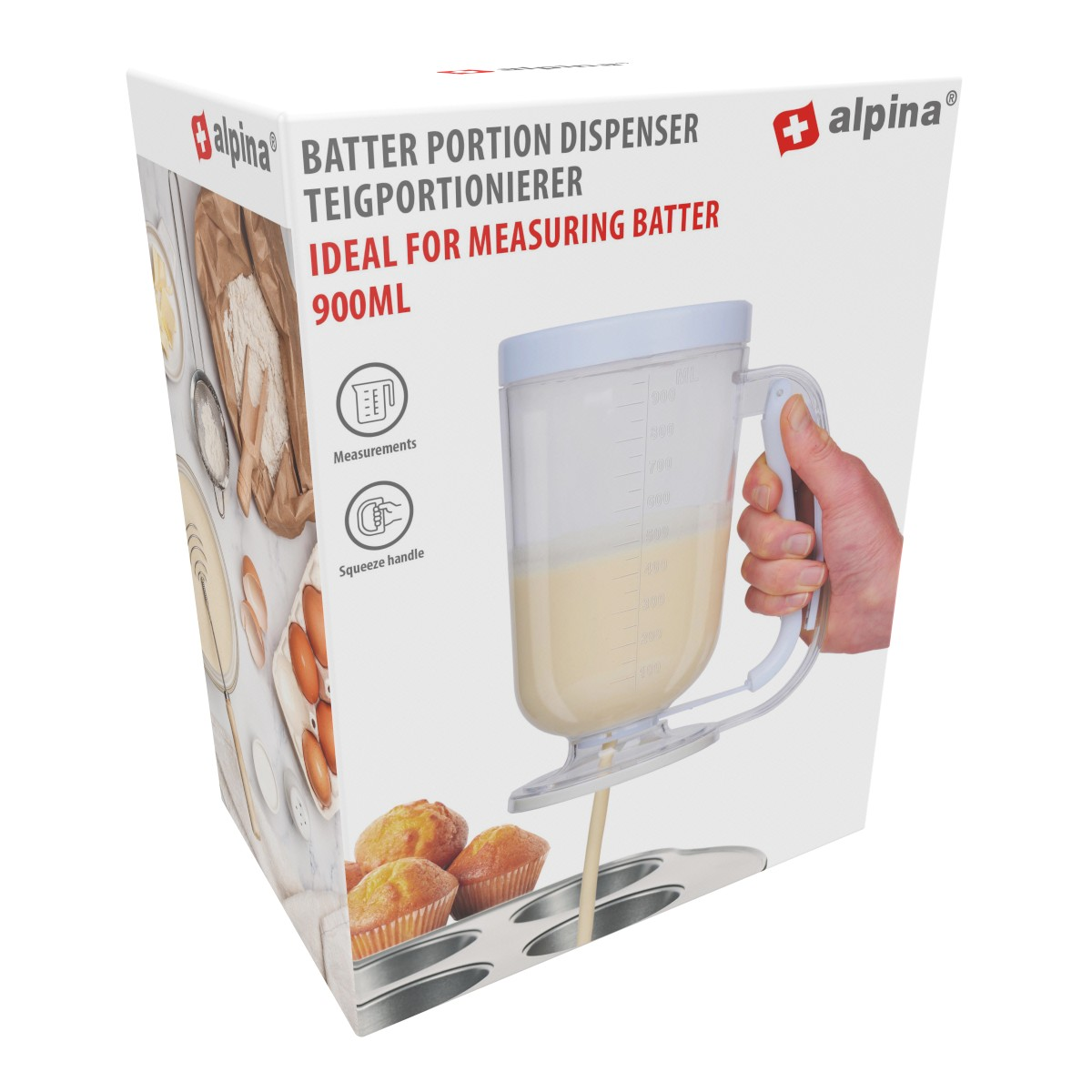 Produktverpackung eines Alpina Teigportionierers mit Bild des Geräts, das Teig in eine Muffin Form füllt.