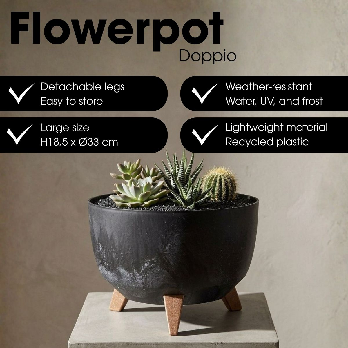 Pot de fleurs noir sur trois pieds en bois avec diverses succulentes et cactus, sur un socle gris.