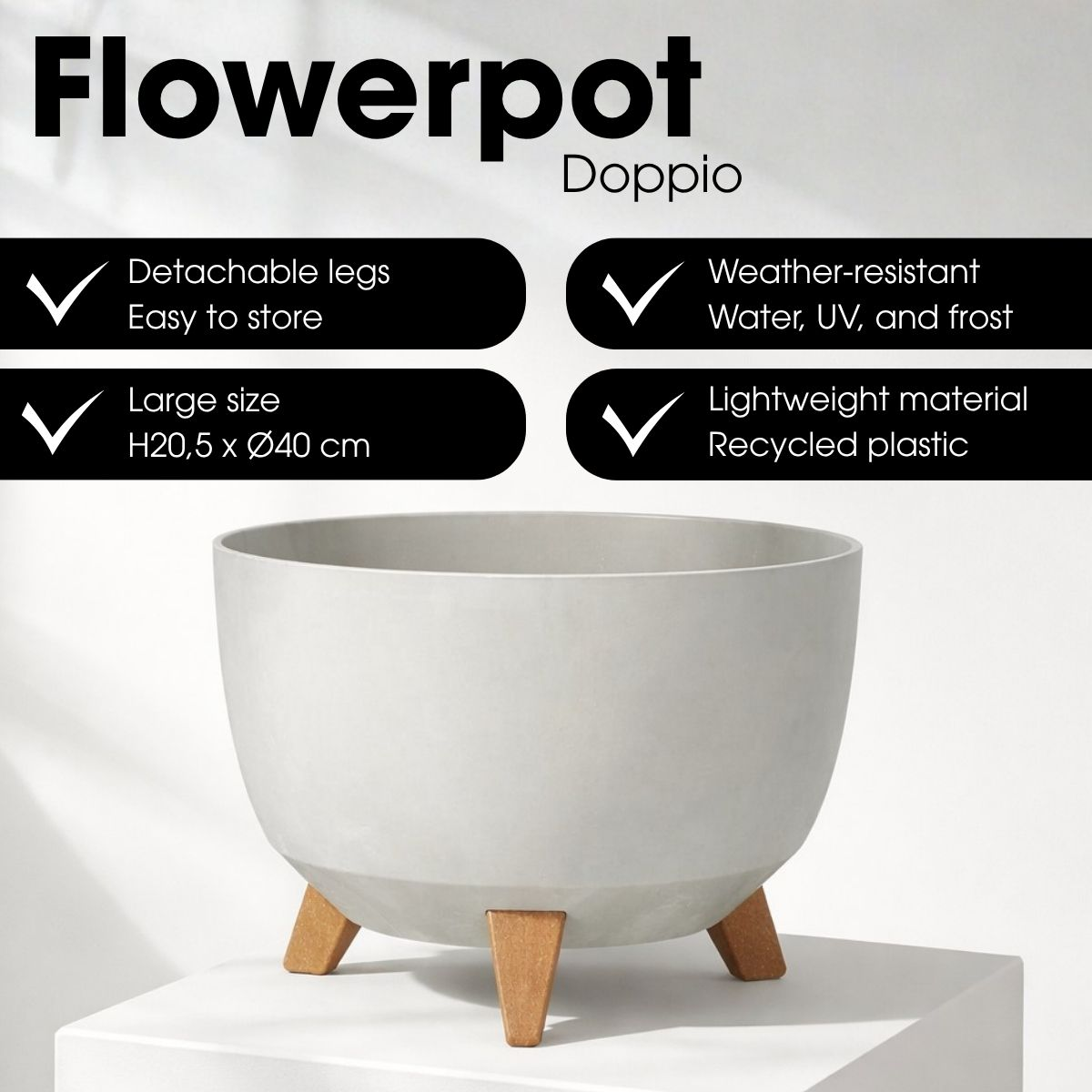 Pot de fleurs gris Doppio sur quatre pieds bruns avec caractéristiques.