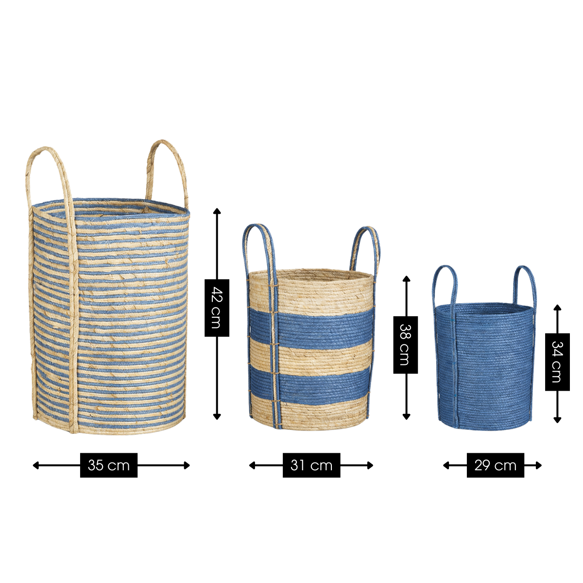 Trois paniers tressés bleu et beige avec poignées de différentes tailles avec dimensions sur fond blanc.