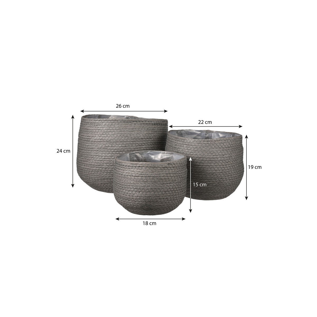 Trois paniers de plantes tissés gris avec doublure intérieure et étiquettes de dimensions en cm.