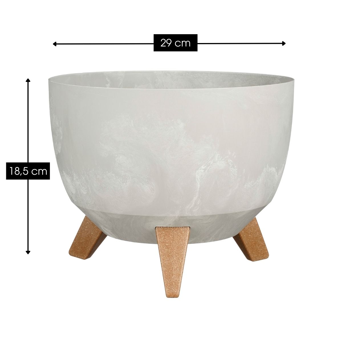 Pot de fleur gris avec des pieds en bois, 29 cm de large et 18,5 cm de haut.