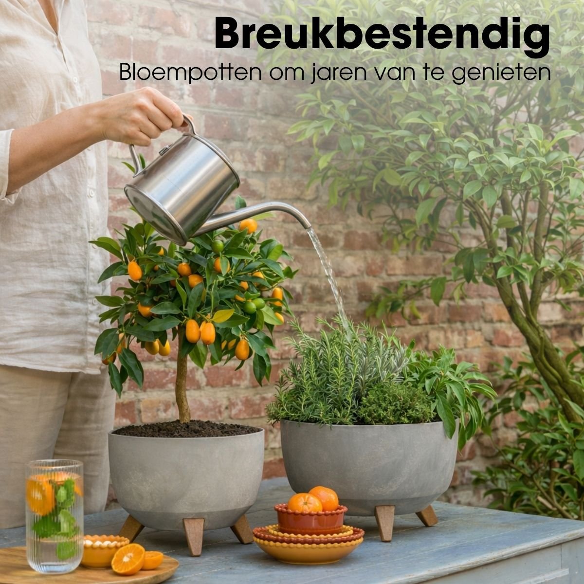 Une femme arrose des plantes en pot avec un arrosoir argenté sur une table en bois.
