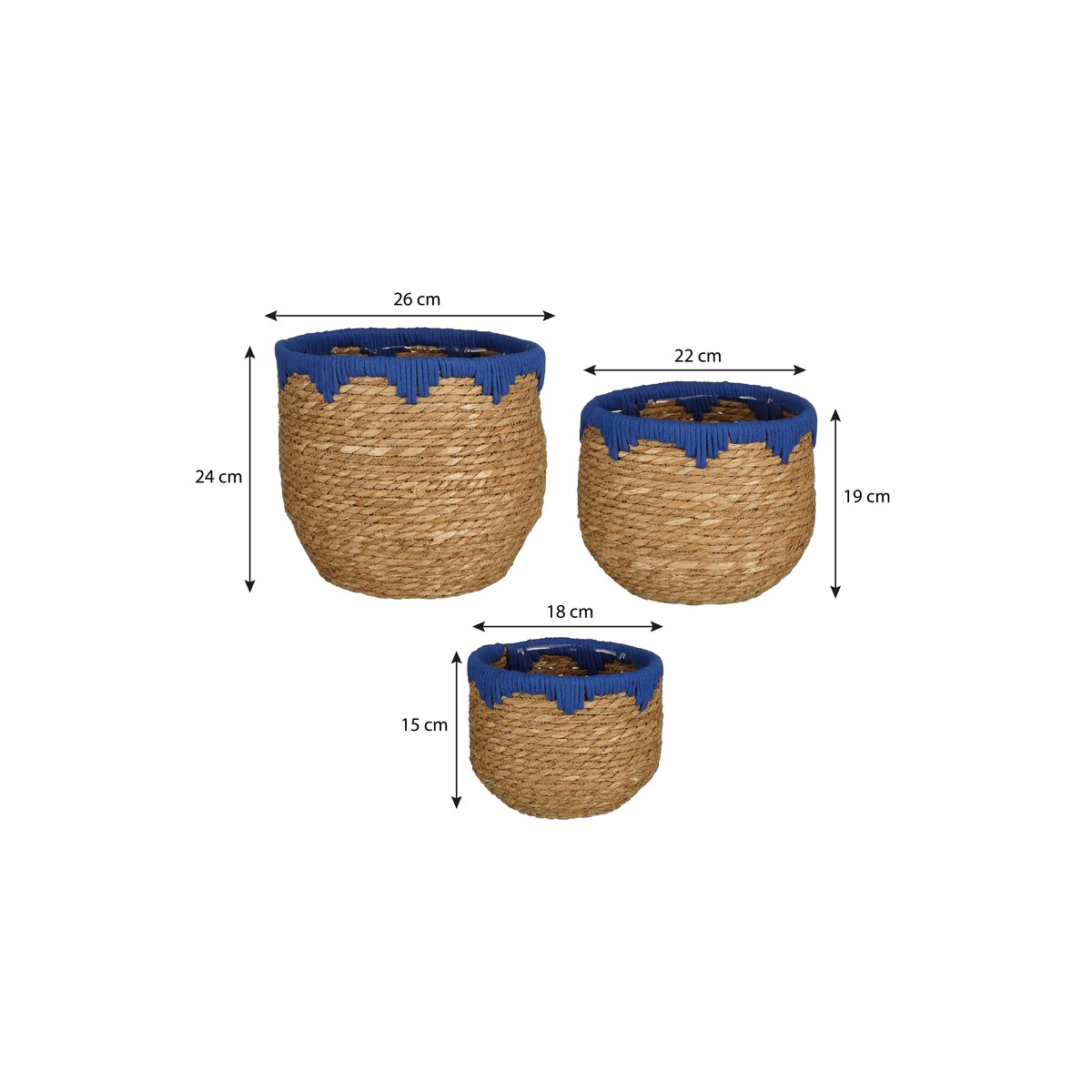Trois paniers tressés avec bordure bleue et dimensions.