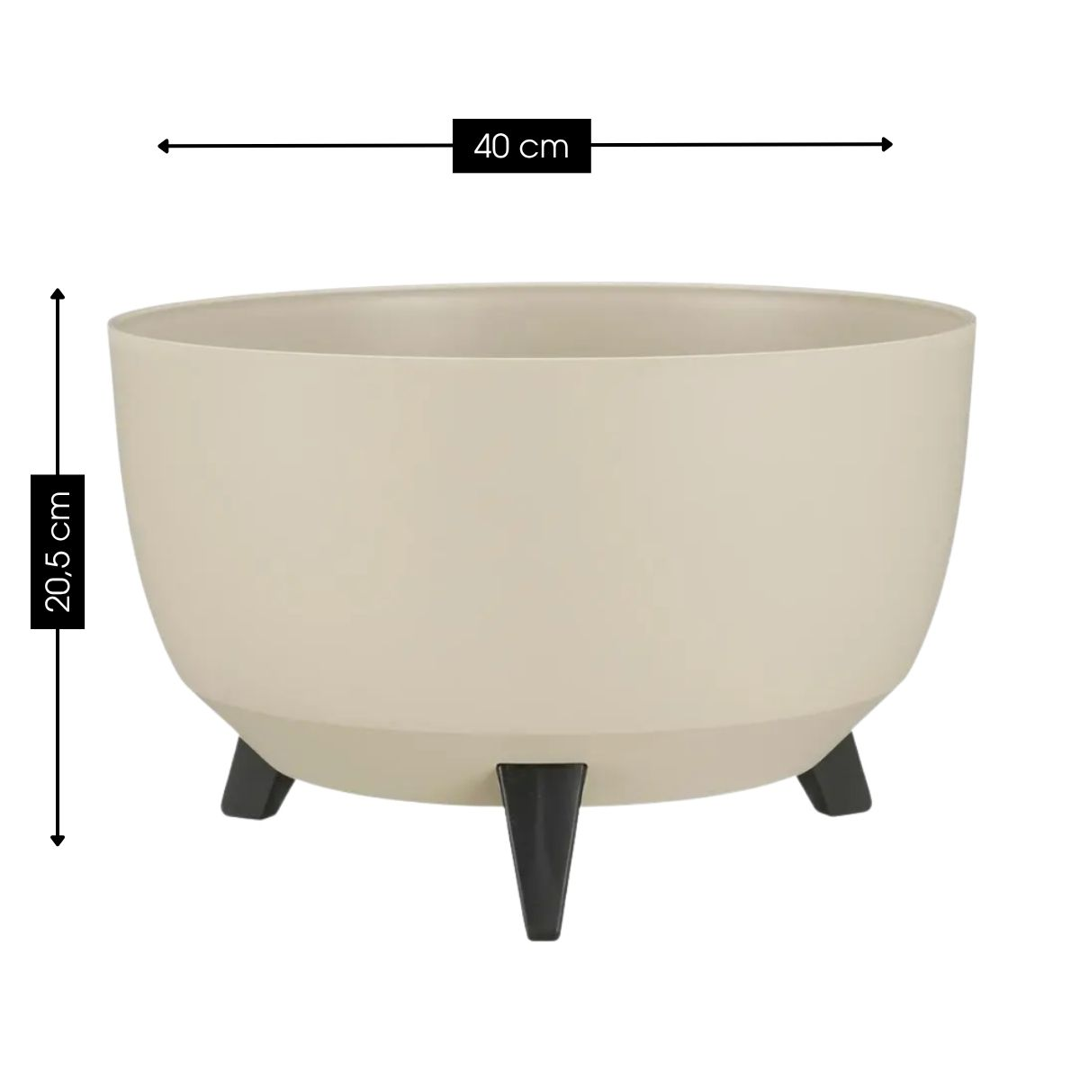 Pot de fleurs rond beige avec trois pieds noirs, 40 cm de diamètre et 20,5 cm de hauteur.