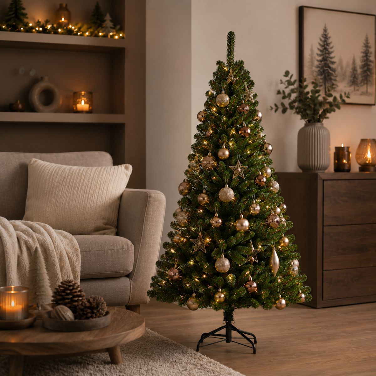 Ein beleuchteter Weihnachtsbaum mit goldenen Kugeln steht im Wohnzimmer neben einem Sofa und einer Kommode.