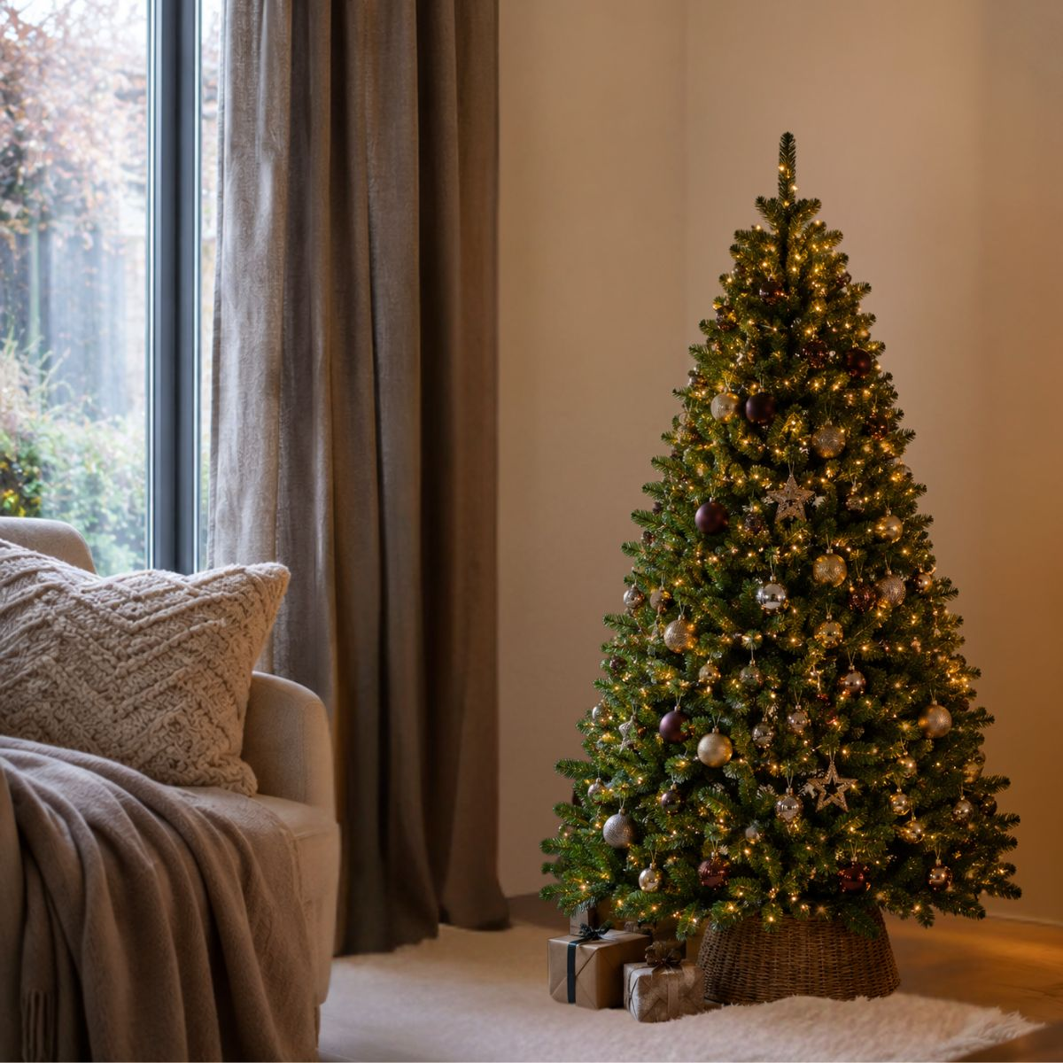 Ein geschmückter Weihnachtsbaum mit Lichtern steht neben einem Sessel mit Kissen vor einem Fenster mit Vorhängen.